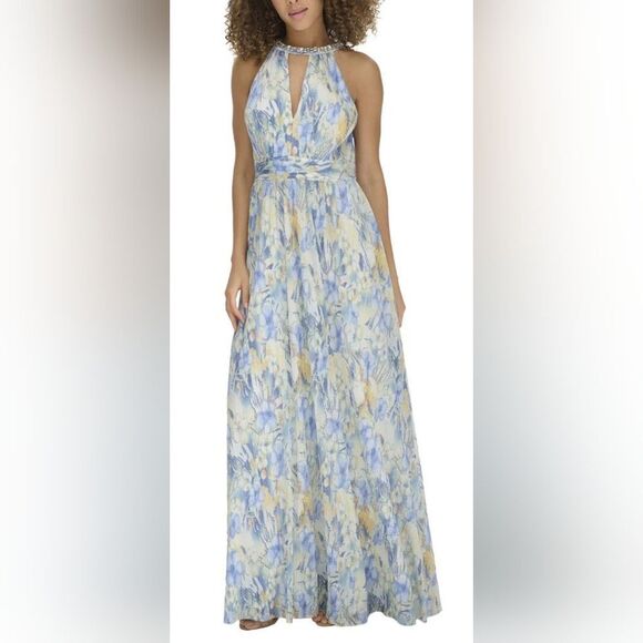 Eliza J Floral Cutout Rhinestone Halter Neck Gown NWT Size 12 Blue/Yellow - Picture 1 of 6